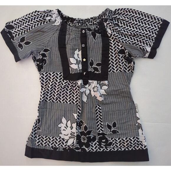 Koi Kathy Peterson 2 Pocket Floral Scrubs Black White 1/4 Button Womens Size XS - Picture 1 of 8